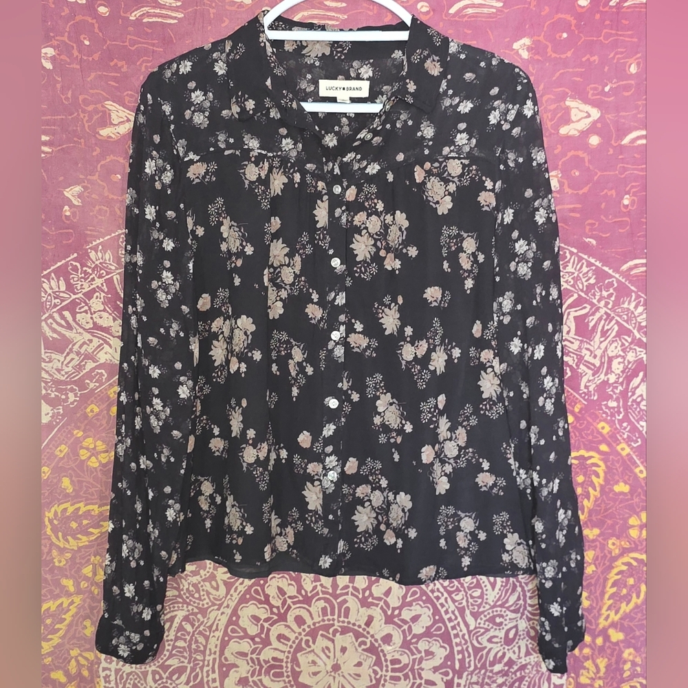Lucky Brand Floral Long-Sleeve Blouse Black Women Large Sheer